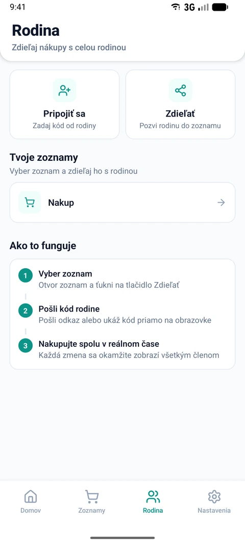 Obrazovka rodinného zdieľania zoznamu