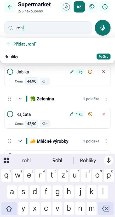 Přidávání položky Rohlíky s nápovědou kategorie Pečivo