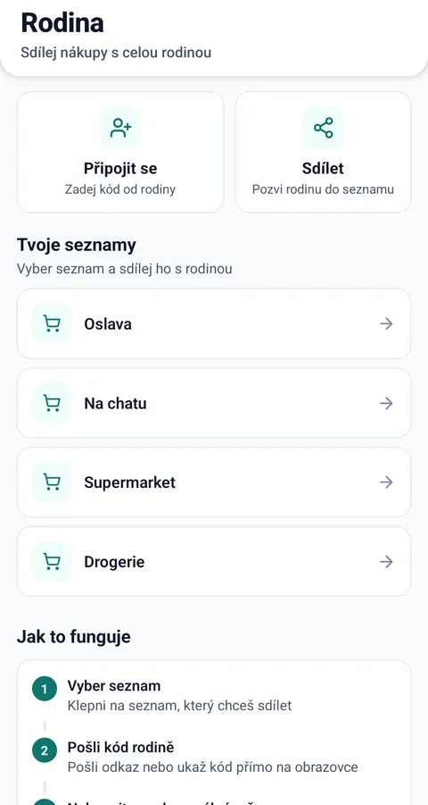 Obrazovka Rodina se sdíleným seznamem