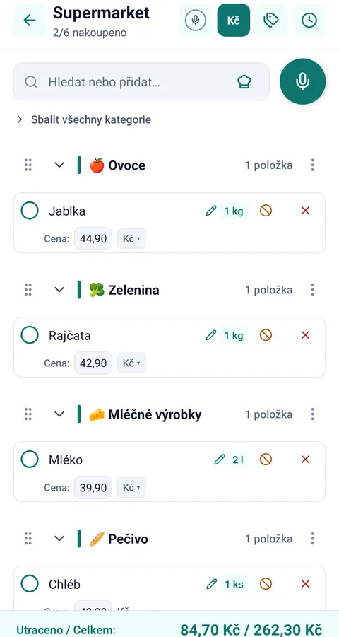Seznam Supermarket s položkami v kategoriích a s cenami