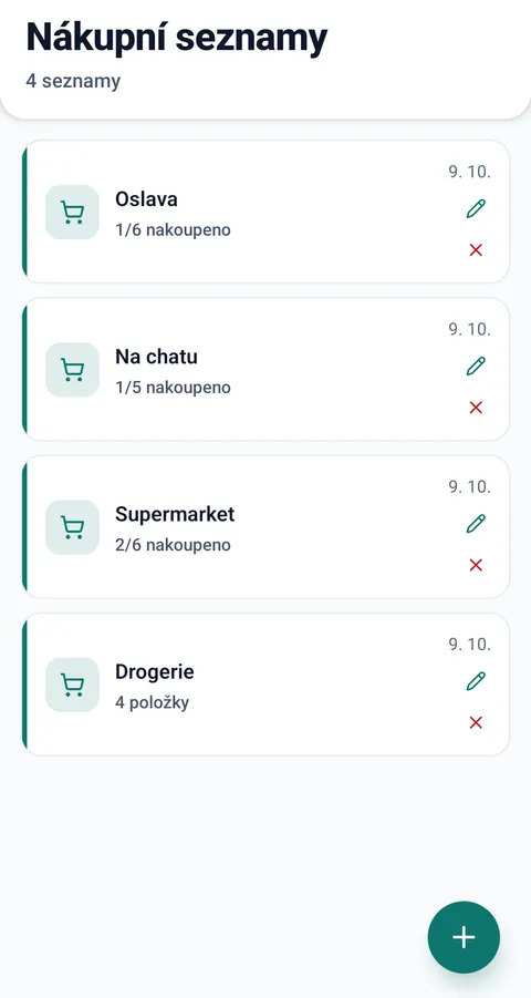 Přehled seznamů Oslava, Na chatu, Supermarket a Drogerie