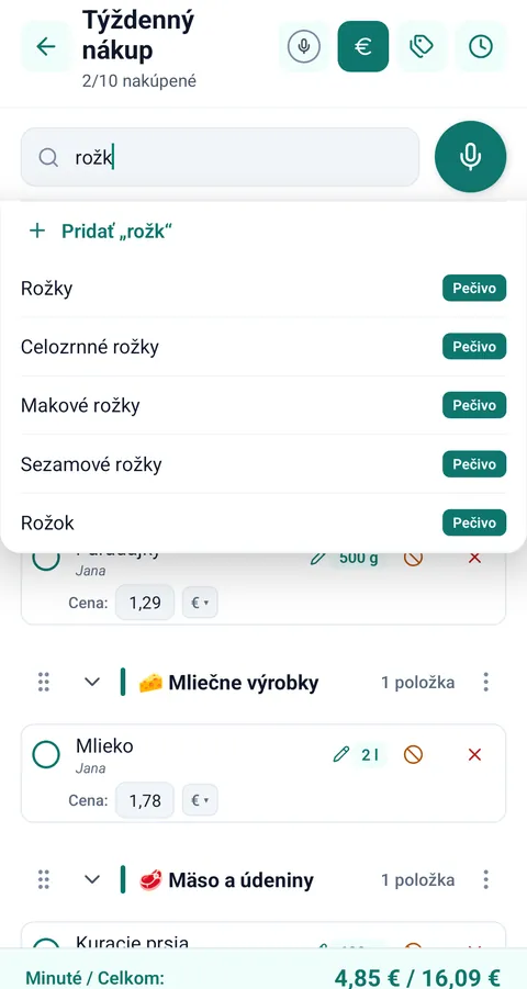 Pridávanie položky Rožky s návrhom kategórie Pečivo