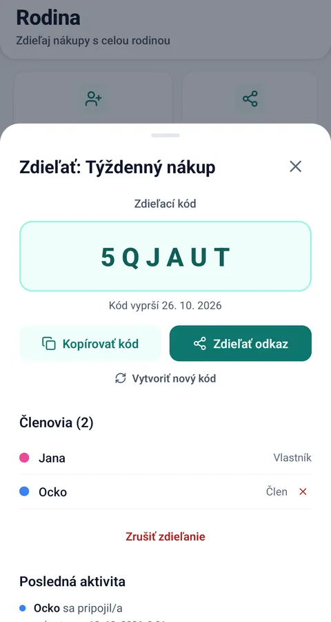 Zdieľanie zoznamu Týždenný nákup: kód a dvaja členovia