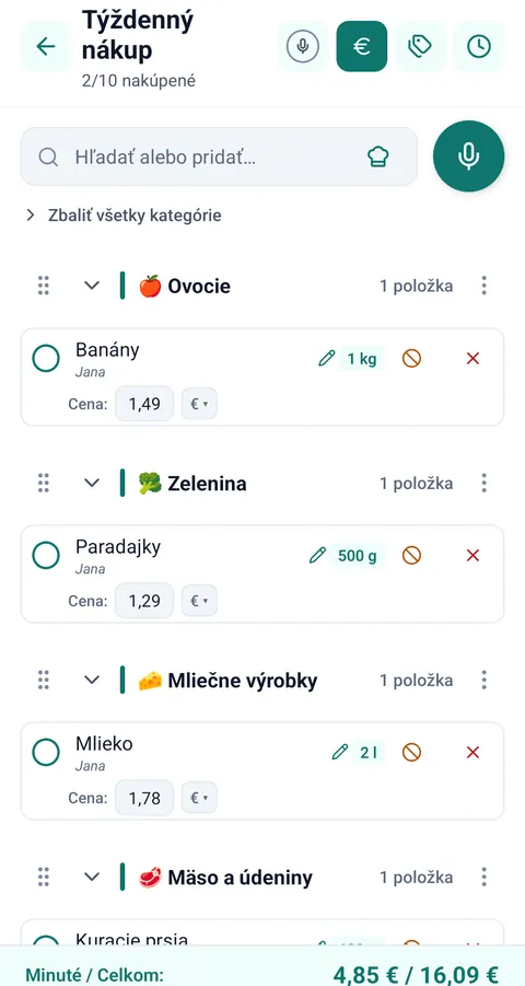 Zoznam Týždenný nákup s položkami v kategóriách a s cenami